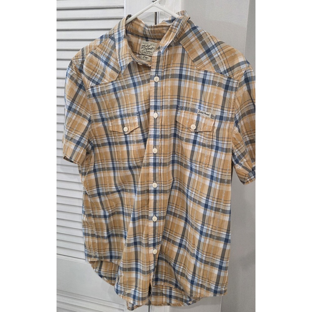 Lucky Brand Mens Plaid Cotton Woven Collared Short Sleeve Button Up L Pockets